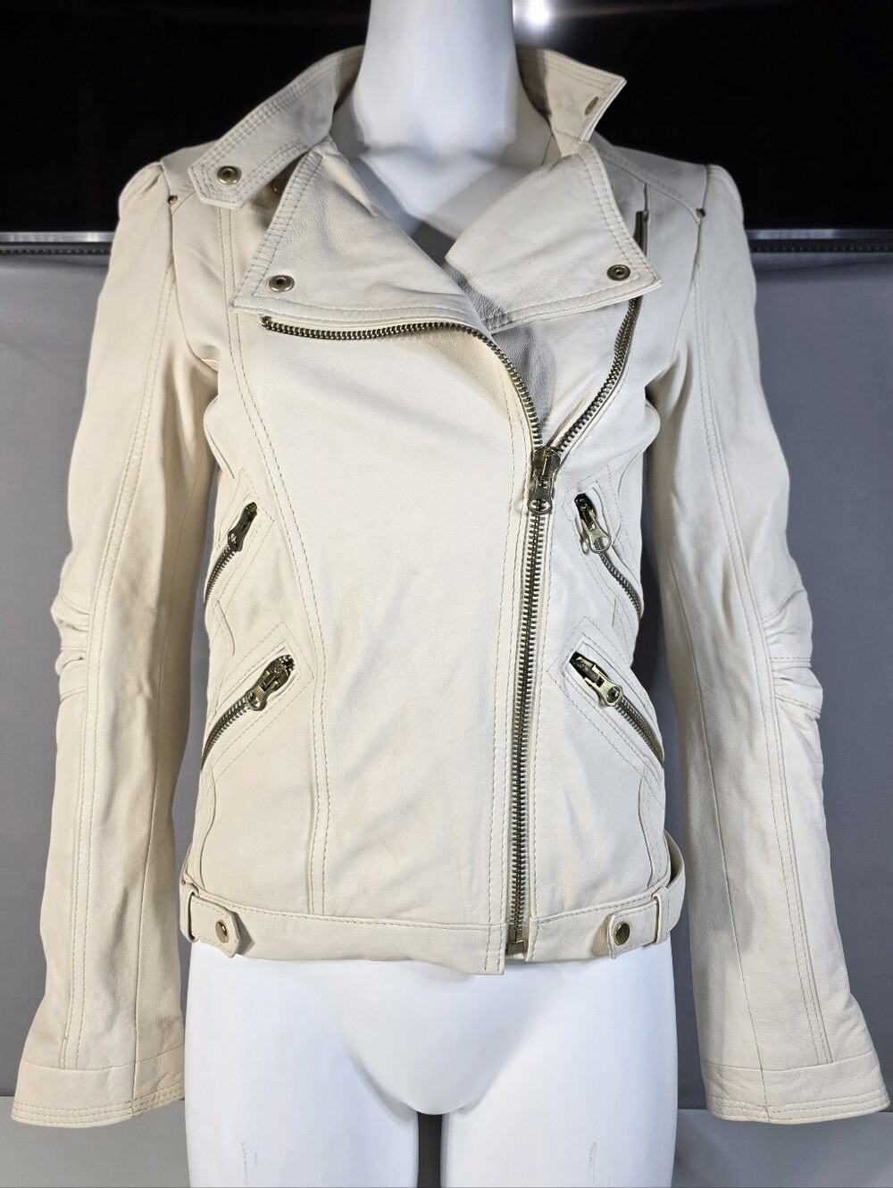 Zara Woman Cream Genuine Lambskin Leather Moto Biker Jacket Size Small